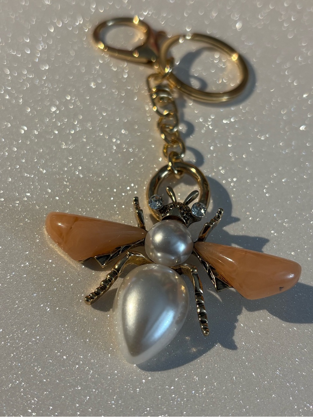 Pearl & Peach Bee Keychain Charm - Gold Tone